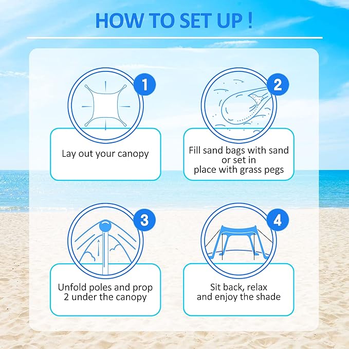 Beach Canopy Tent Sun Shade with UPF 50+ UV Protection, Beach Tent Sun Shelter with Sandbags, Poles