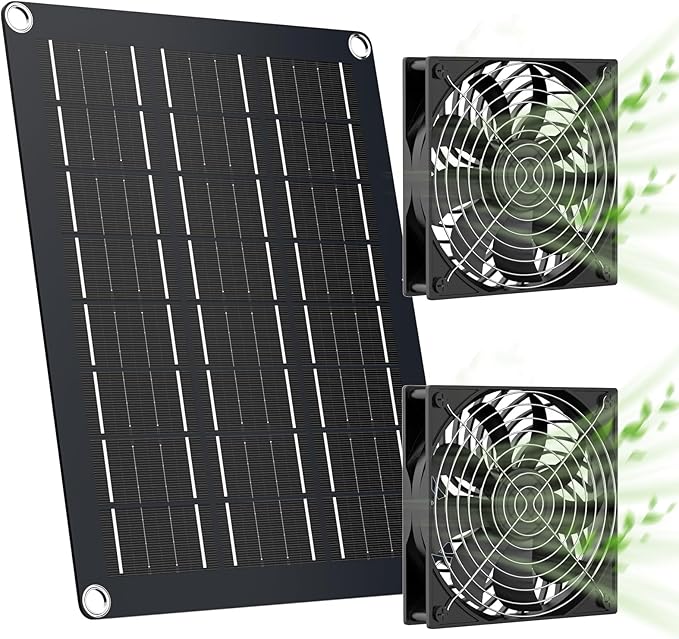 MARBERO 4.7 Inch Solar Powered Fan Kit, 15W Solar Panel with 2 Waterproof Fans, Intake or Exhaust