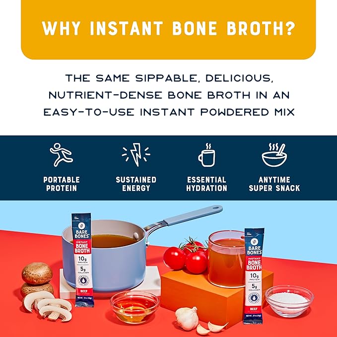 Bare Bones Bone Broth Instant Powdered Beverage Mix, Chicken & Beef, Variety Pack of 8, 4 Chicken &