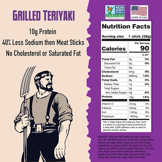 AGRO POWER Vegan Jerky Sticks, Teriyaki Flavor Plant-Based, 7 Stick Bag with 10g Protein, Non-GMO