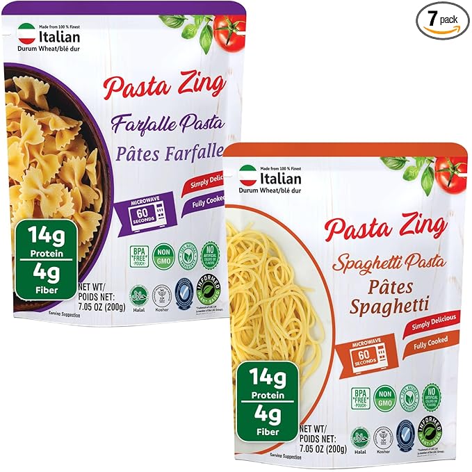 Pasta Zing Variety Pack Pasta ??Ready to Eat Meals | 4x Spaghetti, 3x Farfalle | Vegan Microwave