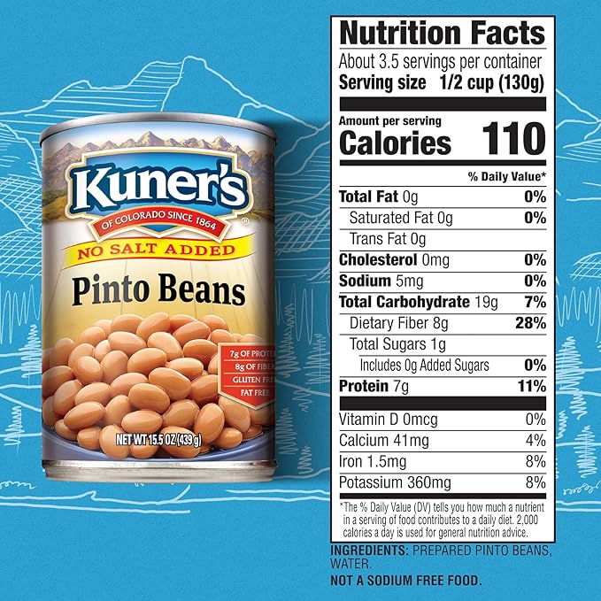 Kuner?™s No Salt Added Canned Pinto Beans, Plant Protein and Fiber, Gluten Free, Vegan, Fat Free