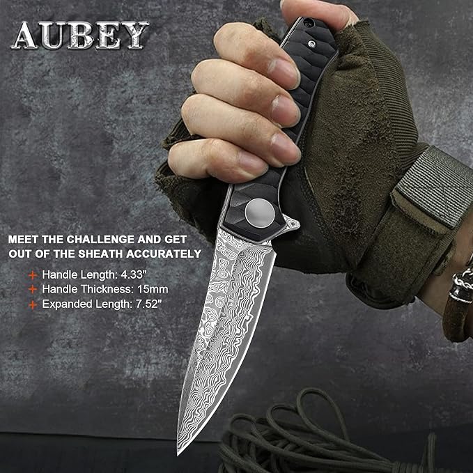AUBEY Damascus Pocket Knife for Men with Clip EDC, 3.23" VG10 Core Damascus Steel Blade Folding