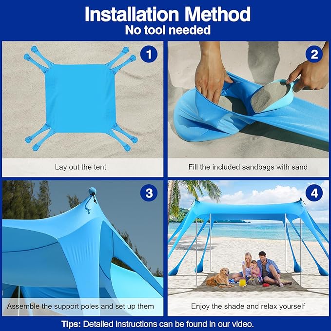 Rhino Valley Beach Tent Shade Canopy UPF50+ Protection, 8 Sandbags, 4 Stability Poles, Outdoor Sun