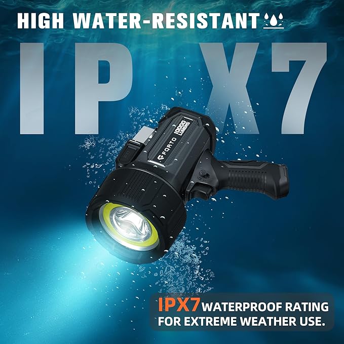 FORTO Rechargeable Spotlight 10000 Lumen Ultra Bright IPX7 Waterproof Flashlight, Boat Spotlight