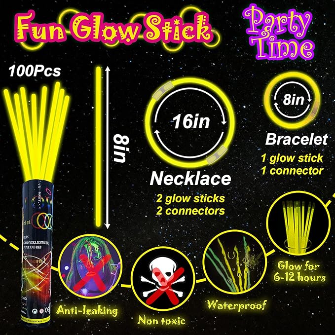 ILHSTY 100 pk Glow Sticks Bulk Party Favors and Decorations - 8" Glow in the Dark Party Supplies