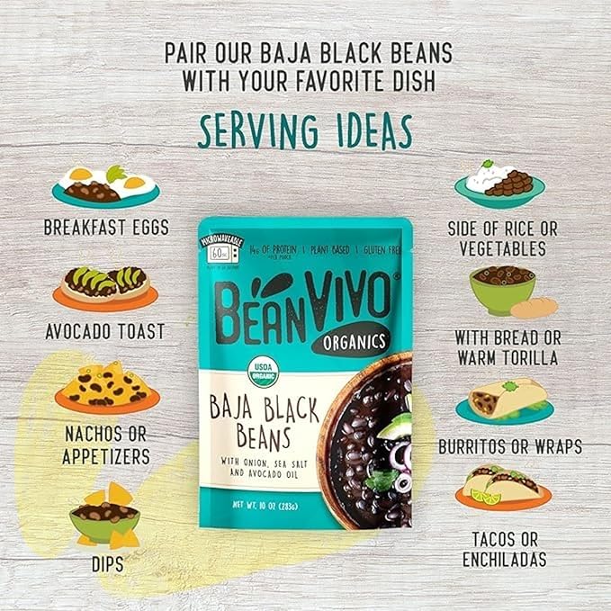 BeanVIVO (Pack of 12) Organics 14g Plant based Protein Baja Black Beans - Good Source of Fiber
