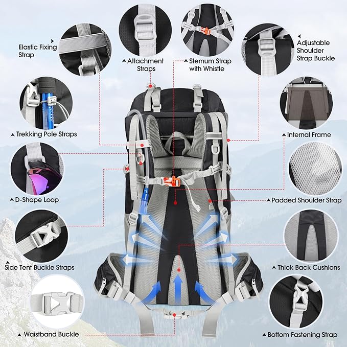 IGOLUMON 60L Hiking Backpack Waterproof Camping Backpack with Rain Cover Large Lightweight