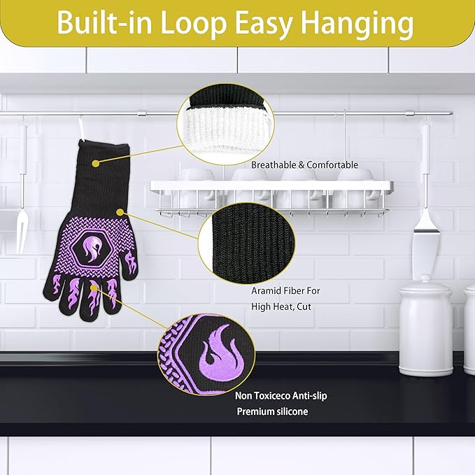 BBQ Fireproof Gloves, Grill Cut-Resistant Gloves 1472°F Heat Resistant Gloves, Non-Slip Silicone