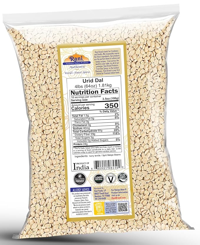 Rani Urid/Urad Dal (Split Matpe Beans Skinless) Indian Lentils 64oz (4lbs) 1.81kg Bulk ~ All