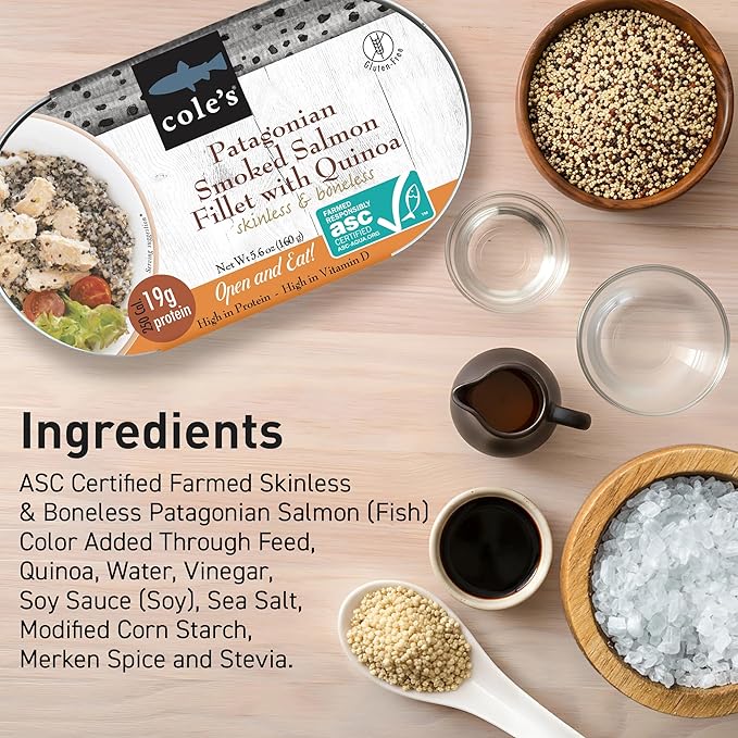 COLE’S - Patagonian Smoked Salmon Fillet with Quinoa| Ready to Eat Meal | 5.6 oz Hand-Packed Canned