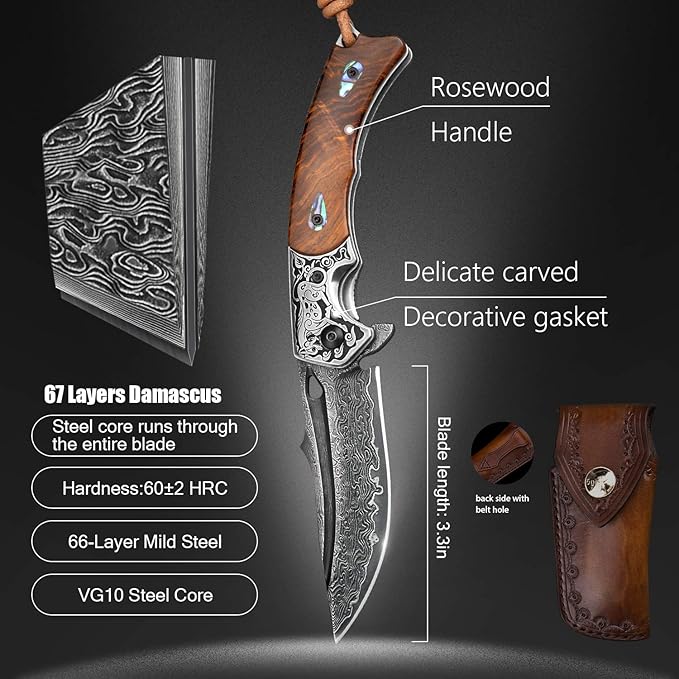Handmade Japanese VG10 Damascus Steel Folding Knife,Rosewood Liner Lock Handle, Leather Sheath,EDC
