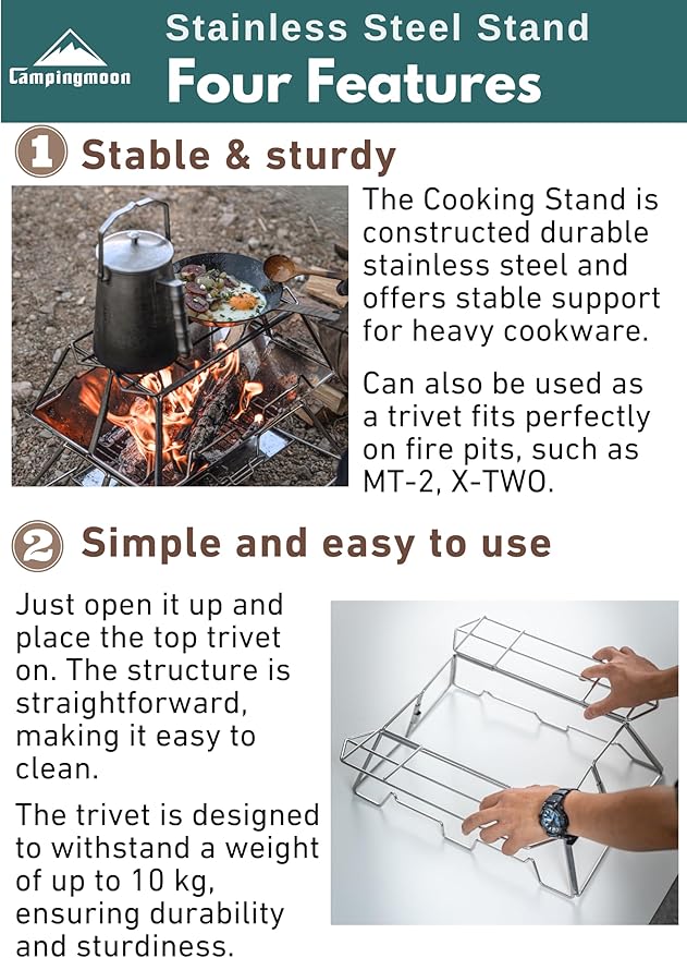CAMPINGMOON Collapsable Cooking Stand Trivat Stainless Steel for Campfire Open Fire Camping Outdoor