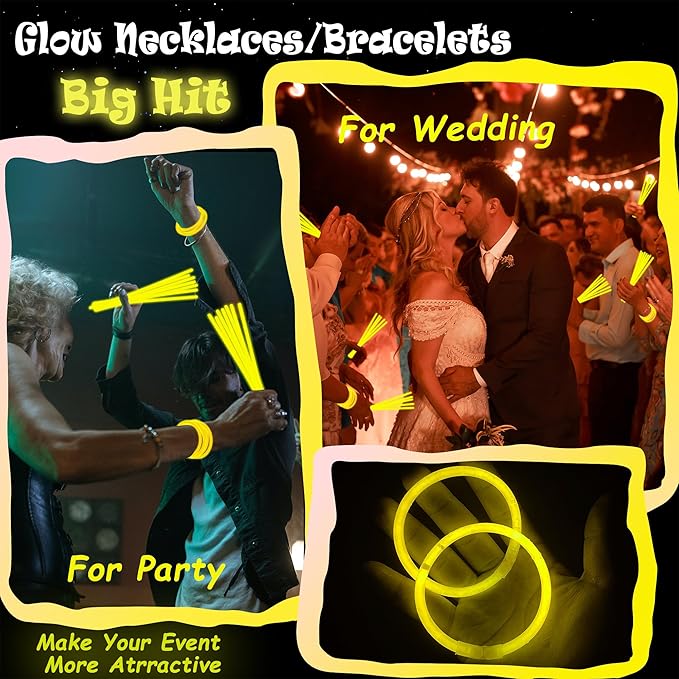 100 pk 8" Yellow Glow Sticks Bulk Party Favors, Light up Glow Necklaces & Bracelets in the Dark