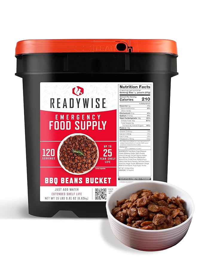 ReadyWise Emergency Food Supply - 120 Servings BBQ Beans Bucket, Freeze Dried Protein Meals
