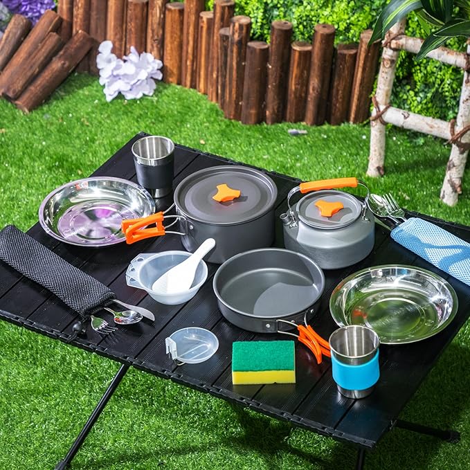 Soulchen 25 Pcs Camping Cookware Mess Kit Camping Pots and Pans Set with 2 Set Stainless Steel Cups