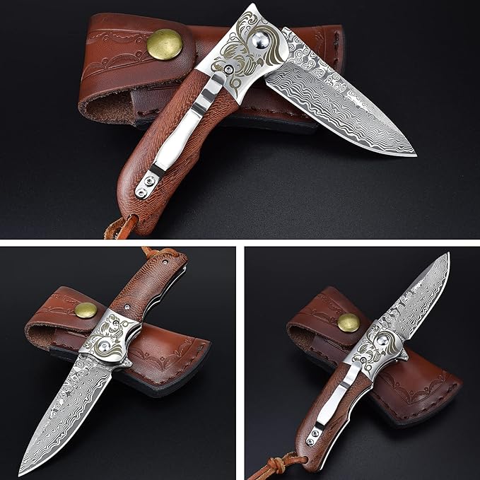 AUBEY Damascus Pocket Knife with Clip, Folding Knives with VG10 Damascus Steel Blade, Wooden