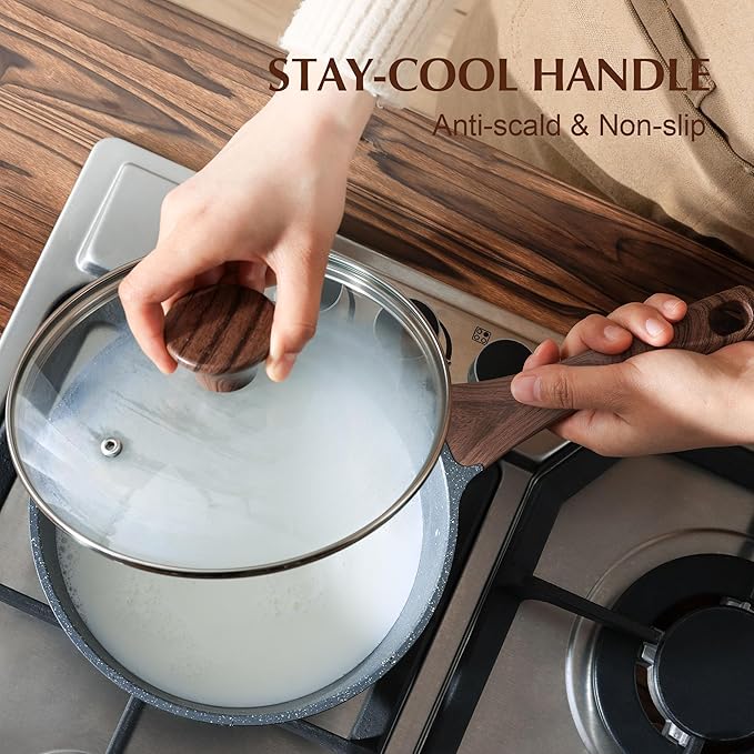 SENSARTE Nonstick Saucepan with Lid, 2.0 Quarts Small Pot with Swiss Granite Coating, Stay-cool