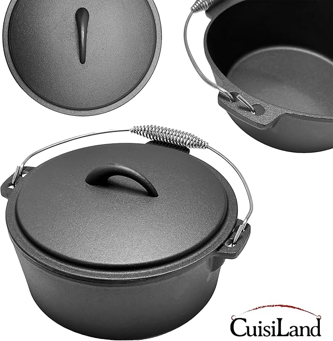 Cuisiland 4.5QT Cast Iron Dutch Oven with Dome Lid & Bail Handle – Pre-Seasoned Campfire Pot for