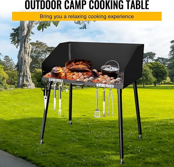 Carbon Steel Camp Cooking Table, Dutch Oven Table with Three-Sided Windscreen and Four Legs for