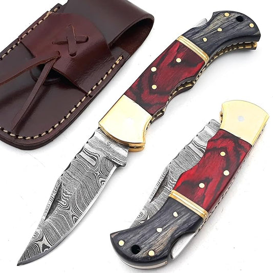 6.5 inch Damascus Pocket Knife with Sheath, Handmade Folding Pocket Knife for Men, Black-Red Wooden