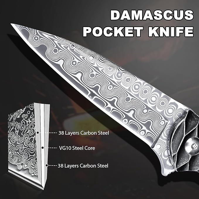 Damascus Pocket Knife, 2.87" Damascus Blade Folding Knives with Stainless Steel Handle, EDC Knife