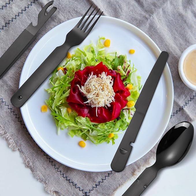 Portable Silverware Black Flatware Camping Cutlery Stainless Steel Spoon Fork Knife and Bottle