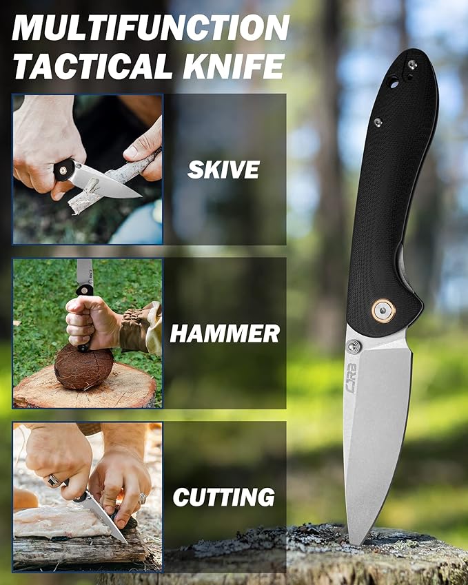 CJRB Feldspar Folding Knife - Stonewash D2 Steel Blade, G10 Tactical Handle, EDC Pocket Knife