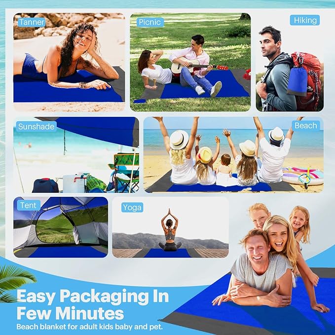 EASYFUN Beach Blanket Sandproof Oversized, 79''×83'' Extra Large Beach Mat, Portable Picnic Mat for