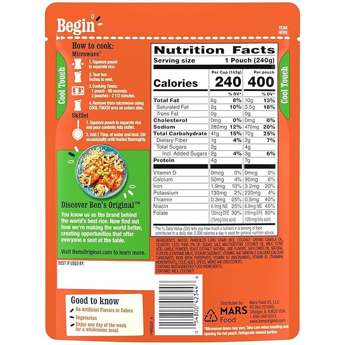 BEN'S ORIGINAL Ready Rice Cilantro Lime Flavored Rice, Easy Dinner Side, 8.5 OZ Pouch (Pack of 12)