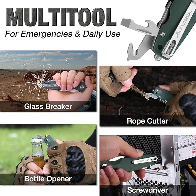 FLISSA Multitool Pocket Knife, 3.3" D2 Blade with G10 Handle, Liner Lock Folding Knife with Glass