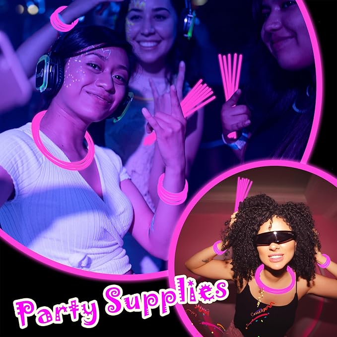 100 pk 8" Pink Glow Sticks Bulk Party Favors, Light up Glow Necklaces & Bracelets in the Dark Party