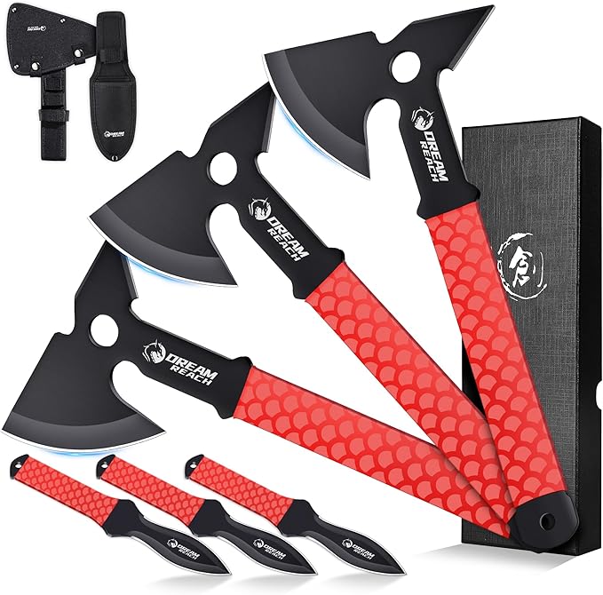 Dream Reach Throwing Axe Set - 6PCS Full Tang Throwing Hatchet with TPR Rubber Sleeve and