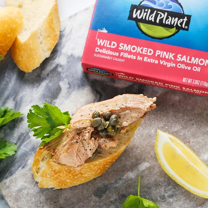 Wild Planet Wild Smoked Pink Salmon Fillets in Extra Virgin Olive Oil, Tinned Fish, Canned Salmon
