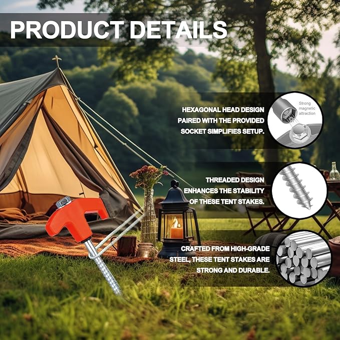 16 Pack Screw in Tent Stakes Heavy Duty,8 Inch Ground Anchors Screw in,Metal Stakes with Hex Head