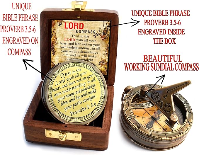 Trust in The Lord With All Your Heart - Proverbs 3:5-6 Quote Engraved Compass With Wooden Box