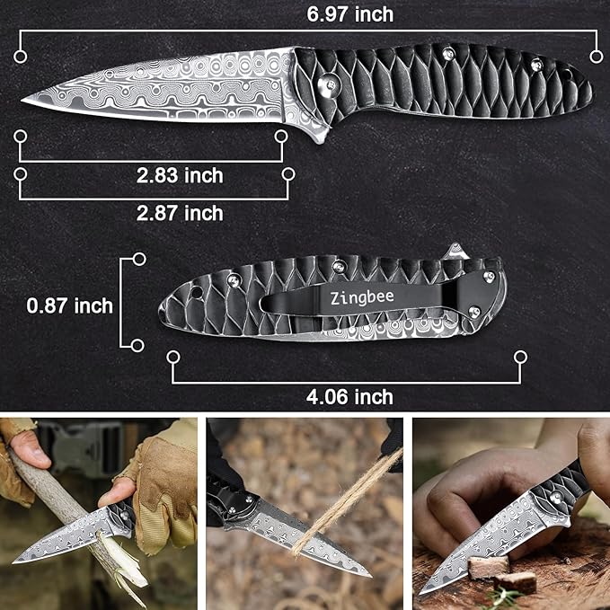 Damascus Pocket Knife, 2.87" Damascus Blade Folding Knives with Stainless Steel Handle, EDC Knife