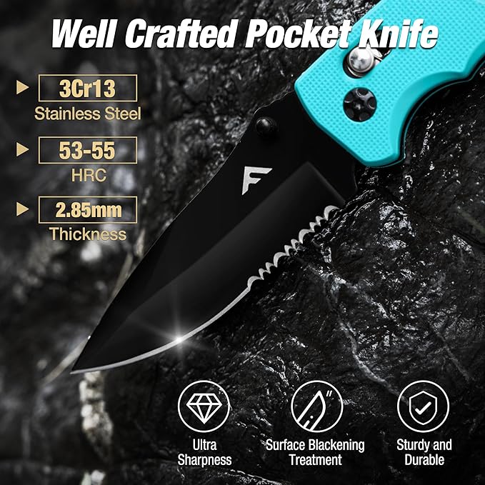 FLISSA Folding Pocket Knife with Clip, Glass Breaker and Seatbelt Cutter, Survival Knife for