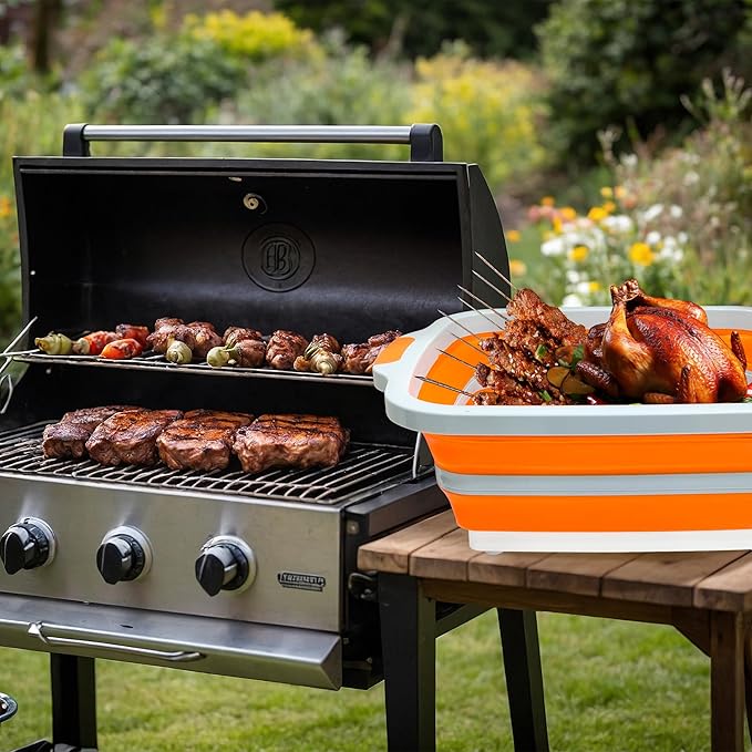 Collapsible BBQ Prep Tubs with Lids, Grill Cutting Board, Camping Sink with Drainage Hole for Meal