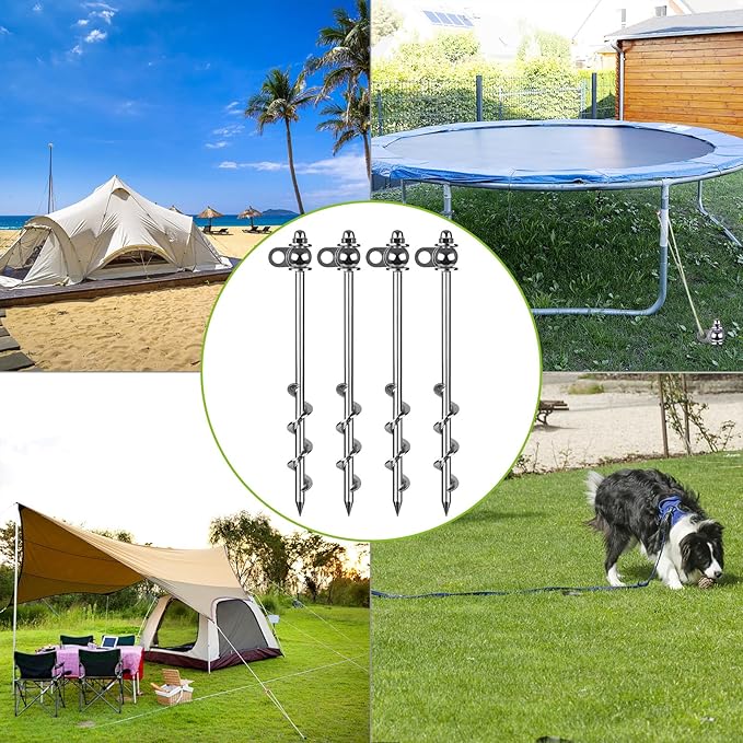 4 Pack Tent Stakes, 12 Inch Heavy Duty Ground Anchors, Full Welding, Easy to Screw in and Reusable