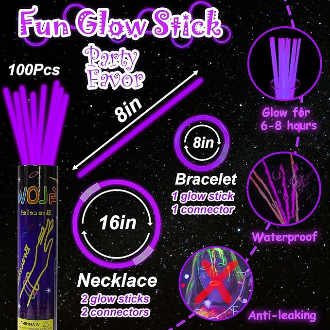 100 pk 8" Purple Glow Sticks Bulk Party Favors, Light up Glow Necklaces & Bracelets in the Dark