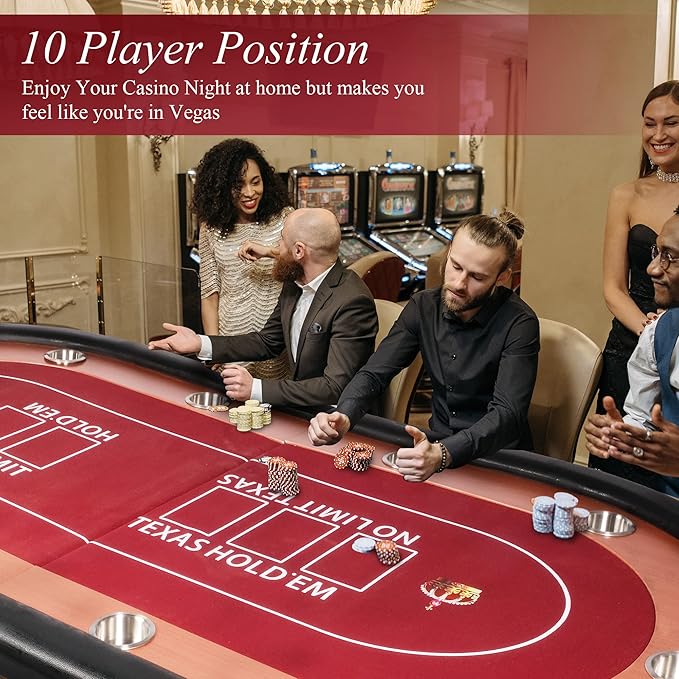 10 Players Oval Poker Table with Padded Rails, Folding Casino-Style Texas Wood Grain Game Poker