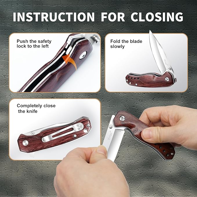 Vickay Pocket Knife for Men, Folding Knife for Women with Clip, 2.9inch 8Cr13MoV Steel Blade, Wood