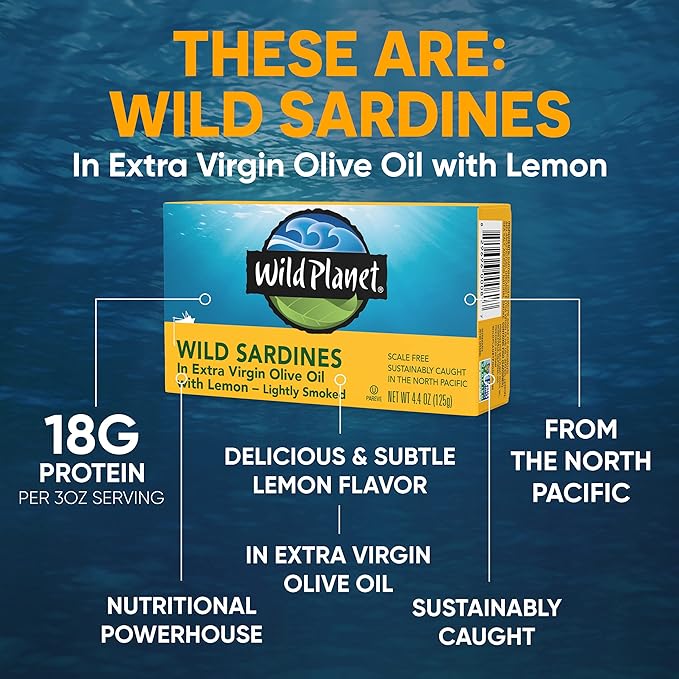 Wild Planet Sardines in Lemon, Nutritional Powerhouses Packed with Flavor, 4.4oz Cans, 6Count
