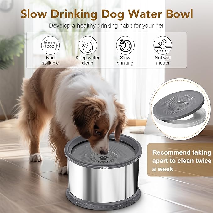 UPSKY Super Large Capacity No Spill Dog Bowl, 6.5L Stainless Steel Spill Proof Slow Water Feeder