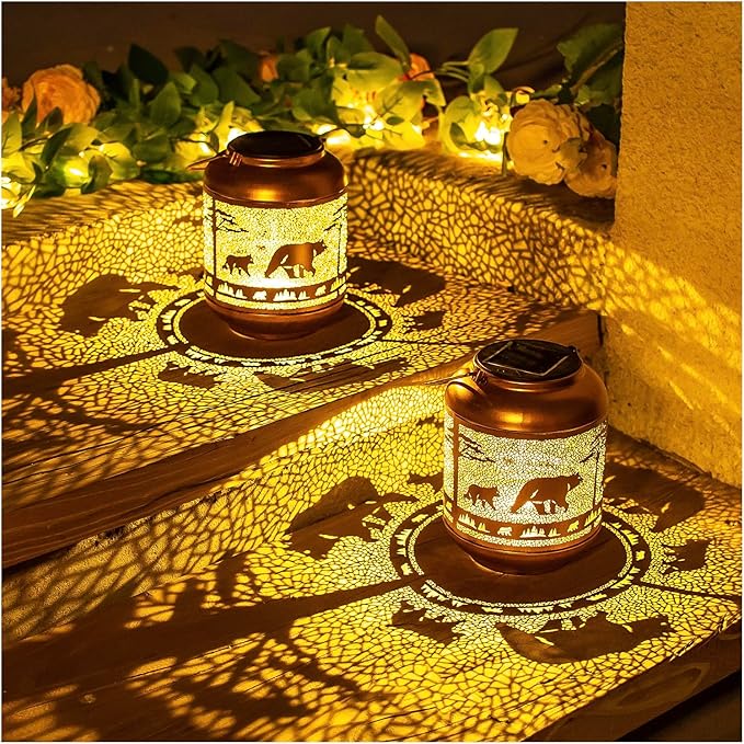 Bear Solar Lanterns Outdoor Waterproof,Hanging Solar Lights Bear Gifts for Women Men Metal LED