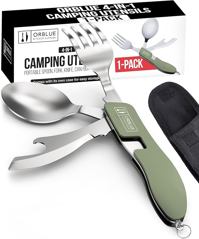 Orblue 4-in-1 Camping Utensils, 1-Pack, Portable Stainless Steel Spoon, Fork, Knife & Bottle Opener
