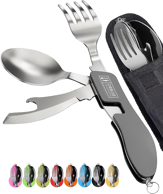 Orblue 4-in-1 Camping Utensils, 2-Pack - Portable Stainless Steel Spoon, Fork, Knife & Bottle