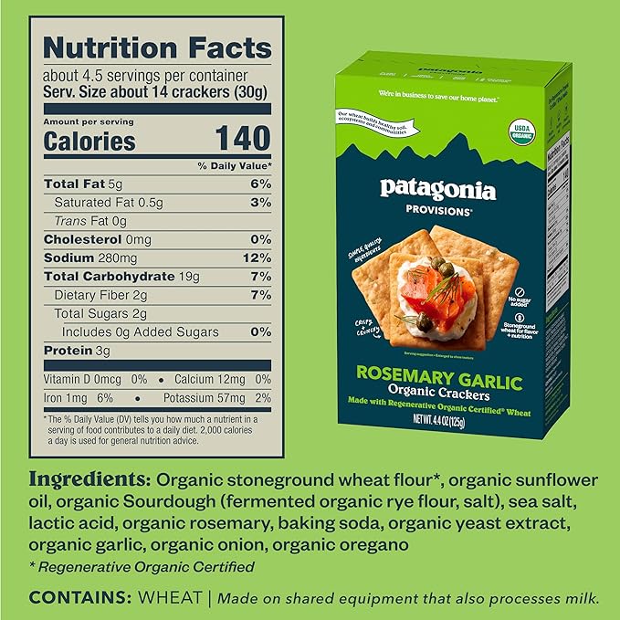 Patagonia Provisions Organic Rosemary Garlic Crackers (6 Pack) ??3g Plant Protein Per Serving