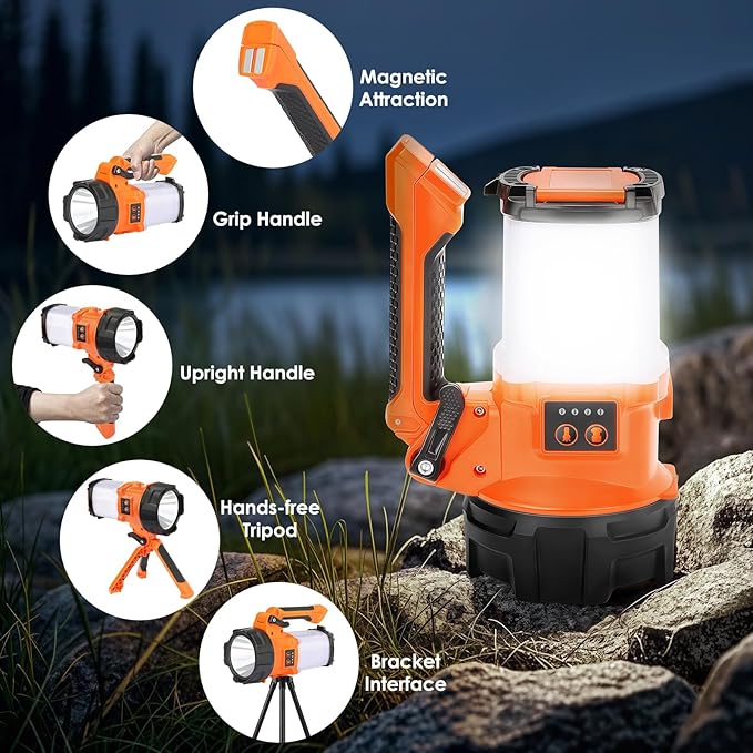 Tripod Rechargeable Camping Lantern, 6 Modes LED Flashlight Handheld Spotlight with 4000LM, 4400mAh